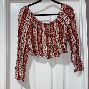 Red Floral Cropped Long Sleeve Top - LARGE
